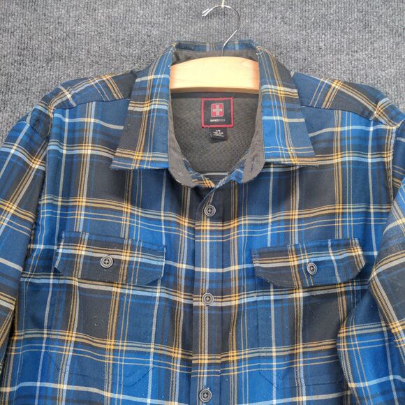 Swiss Tech Mens Button-Up Shirt Blue Plaid Large Chest Flap Pockets - Picture 3 of 14